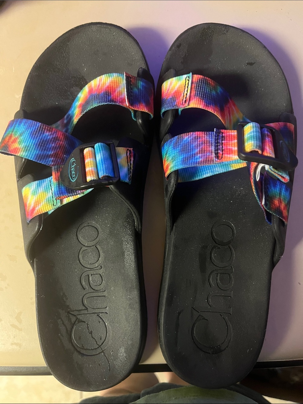 Chaco women’s Rainbow Tie-Dye Strap Sandals with Black Footbed